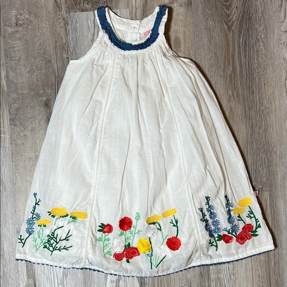White Sleeveless Dress with Floral Embroidery and Blue Ruffle Trim - Size 5-6